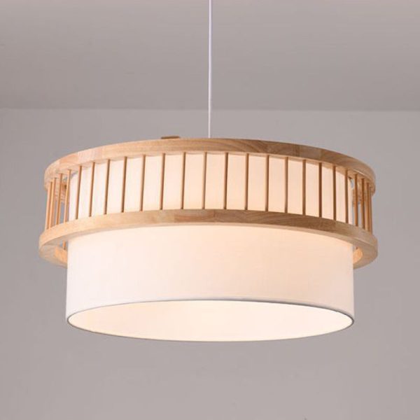 Traditional Japanese Wood Fabric Round Shade 1/4-Light Chandelier For Dining Room - Image 9