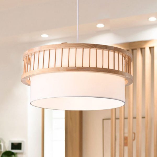 Traditional Japanese Wood Fabric Round Shade 1/4-Light Chandelier For Dining Room - Image 11