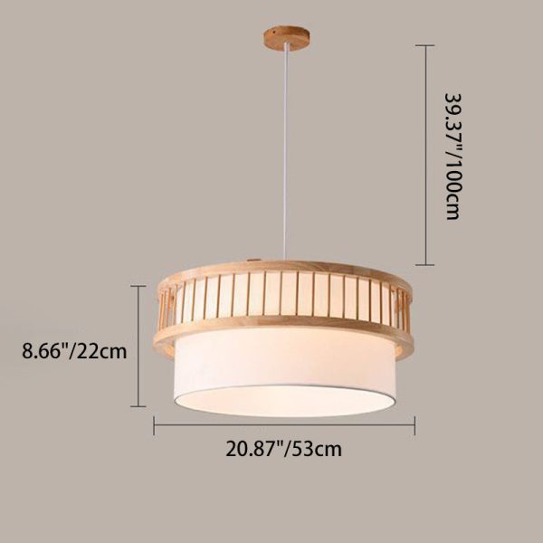 Traditional Japanese Wood Fabric Round Shade 1/4-Light Chandelier For Dining Room - Image 4