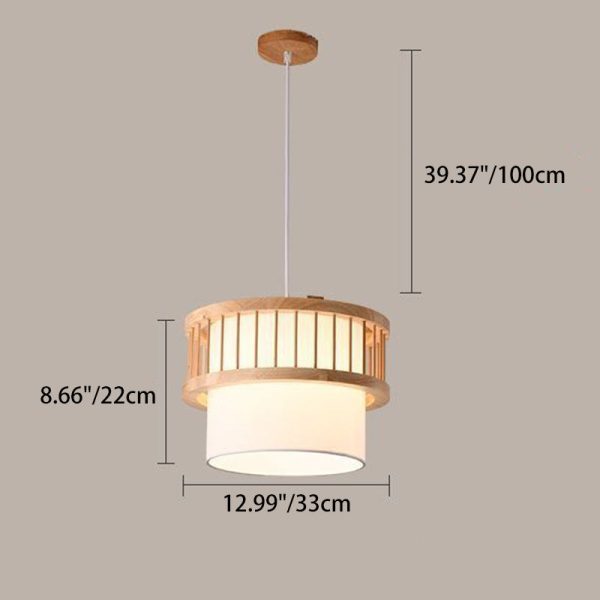 Traditional Japanese Wood Fabric Round Shade 1/4-Light Chandelier For Dining Room - Image 3