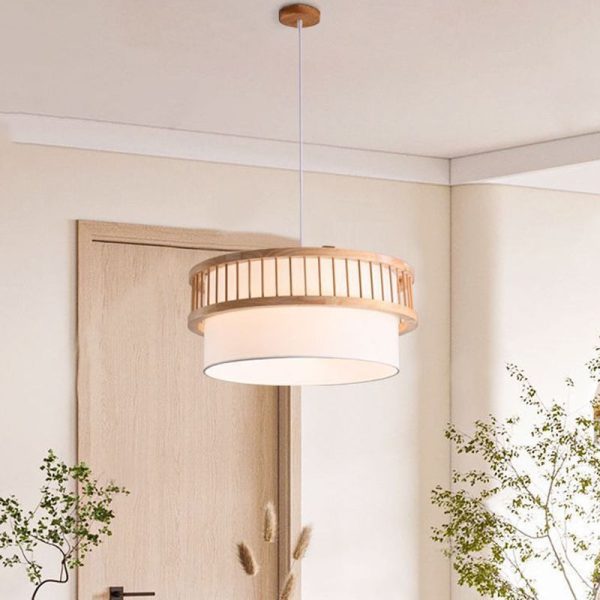 Traditional Japanese Wood Fabric Round Shade 1/4-Light Chandelier For Dining Room - Image 12