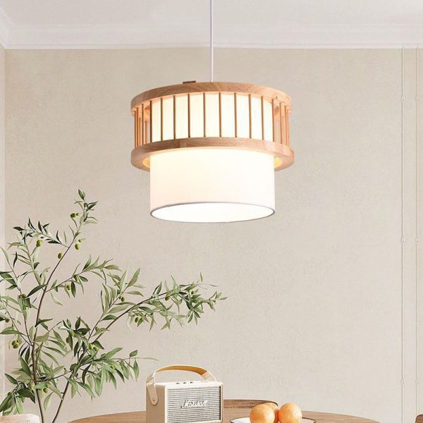 Traditional Japanese Wood Fabric Round Shade 1/4-Light Chandelier For Dining Room - Image 2