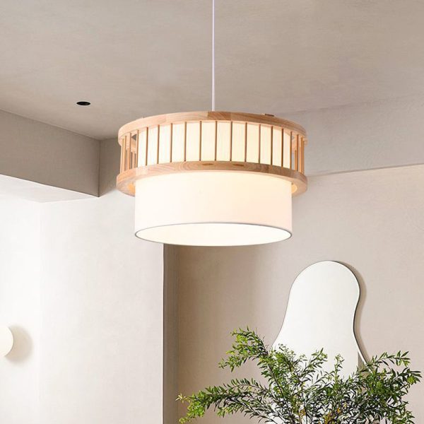 Traditional Japanese Wood Fabric Round Shade 1/4-Light Chandelier For Dining Room