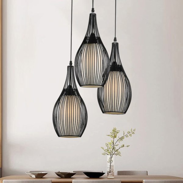 Vintage Iron Black Teardrop Shaped Hanging 3-Light Chandeliers