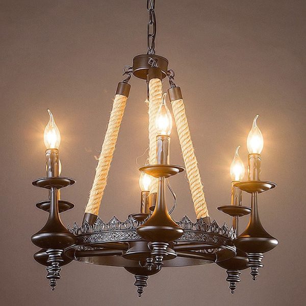 Traditional Vintage Round Candelabra Iron Hemp Rope 3/6/8 Light Chandelier For Living Room - Image 3