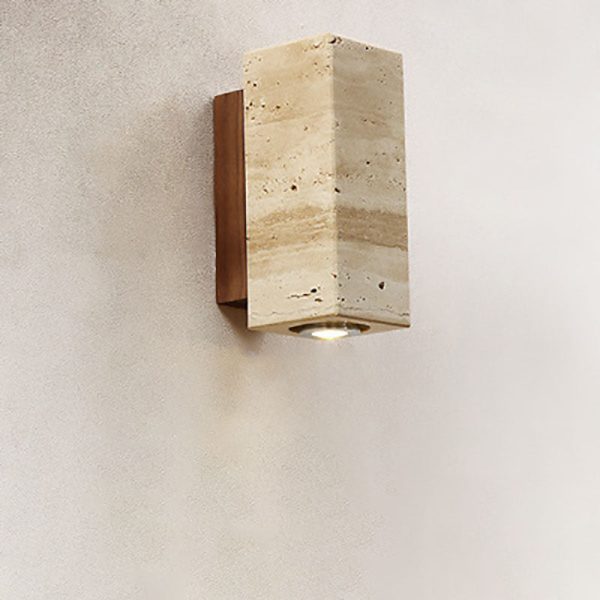 Japanese Wabi-Sabi Round Square Yellow Travertine Rubber Wood 1-Light Spotlight Wall Sconce Lamp - Image 14