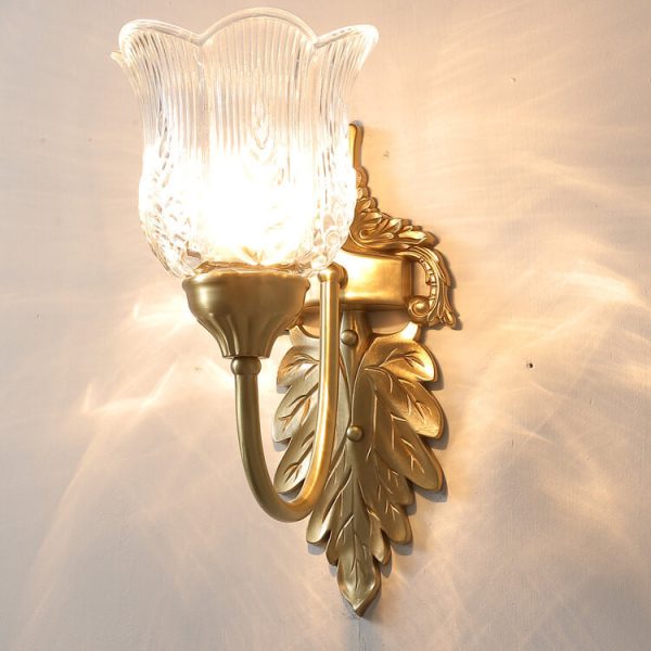 Vintage Flower Cup Brass Glass 1/2 Light Wall Sconce Lamp - Image 2