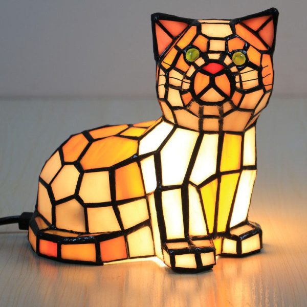 Traditional Tiffany Stained Glass Cat 1-Light Table Lamp For Bedroom - Image 16