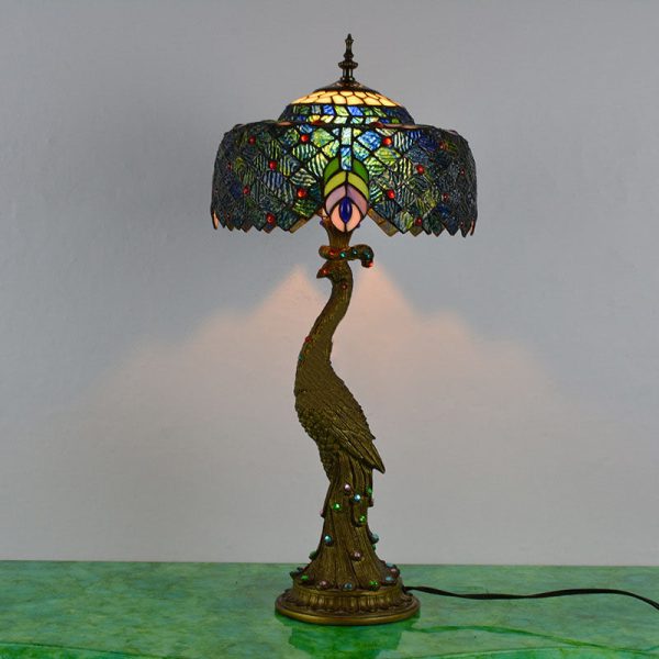 Vintage Tiffany Peacock Gem Dome Glass Resin 1-Light Table Lamp - Image 15