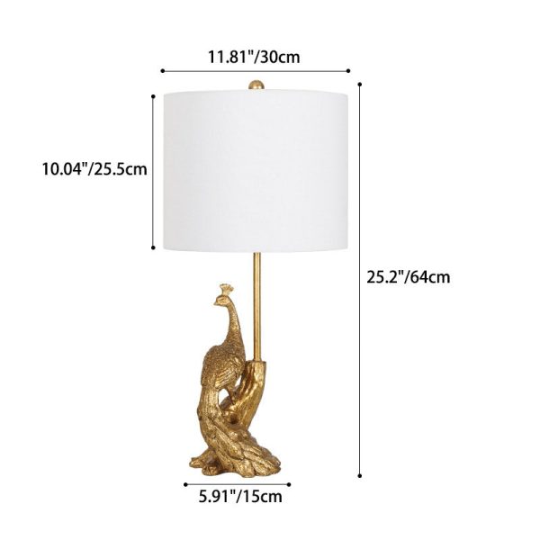 Traditional Vintage Cylindrical Peacock Resin Gold Foil Fabric 1-Light Table Lamp For Bedroom - Image 5