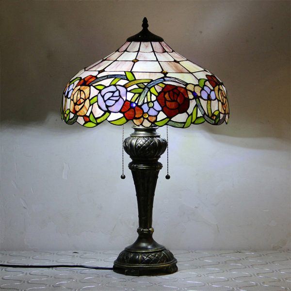 Traditional Tiffany Resin Glass Dome Hemispheric Flower 2-Light Table Lamp For Bedside