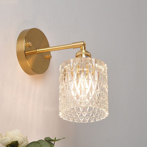 Japanese Vintage Brass Glass Cylinder 1-Light Wall Sconce Lamp - Image 2