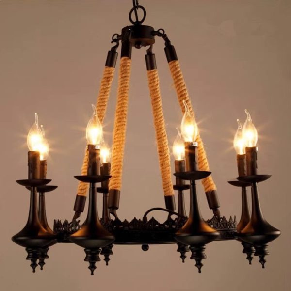 Traditional Vintage Round Candelabra Iron Hemp Rope 3/6/8 Light Chandelier For Living Room - Image 6