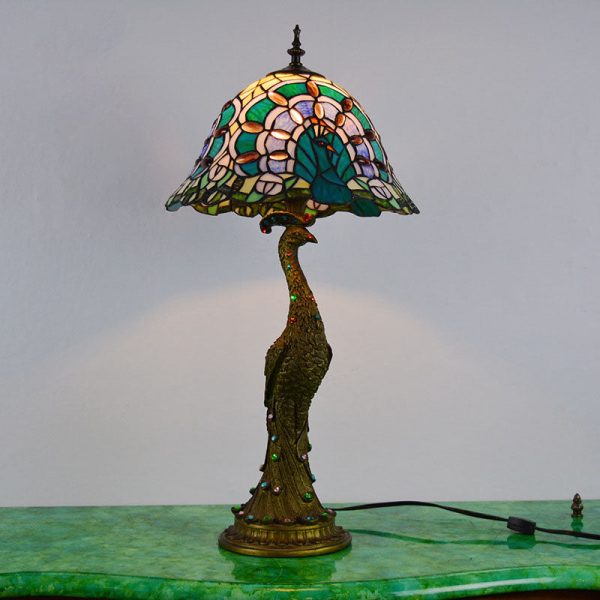 Vintage Tiffany Peacock Gem Dome Glass Resin 1-Light Table Lamp - Image 2