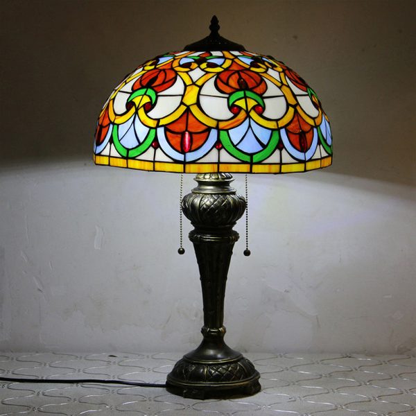 Traditional Tiffany Resin Glass Dome Hemispheric Flower 2-Light Table Lamp For Bedside - Image 2