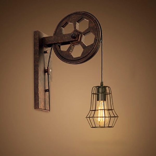 Vintage Industrial Pulley Iron 1-Light Wall Sconce Lamp - Image 17