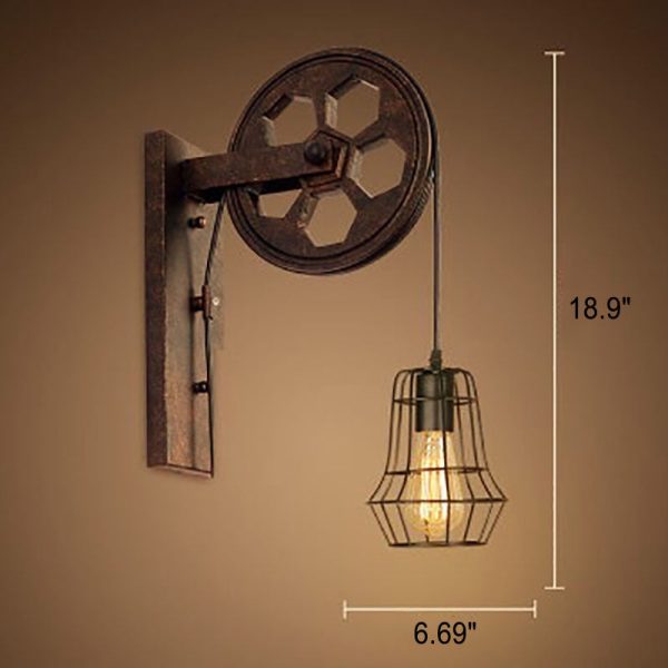Vintage Industrial Pulley Iron 1-Light Wall Sconce Lamp - Image 18