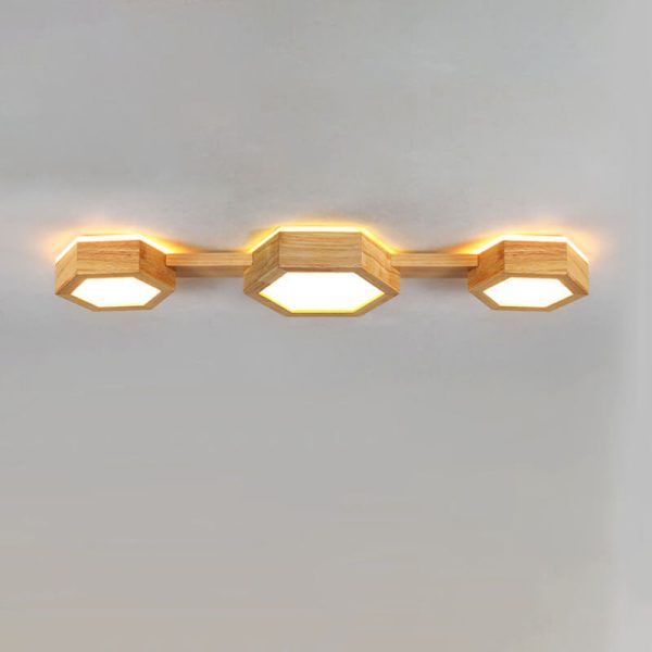 Modern Simple Wooden Hexagonal Geometry LED Flush Mount Ceiling Light - Image 6