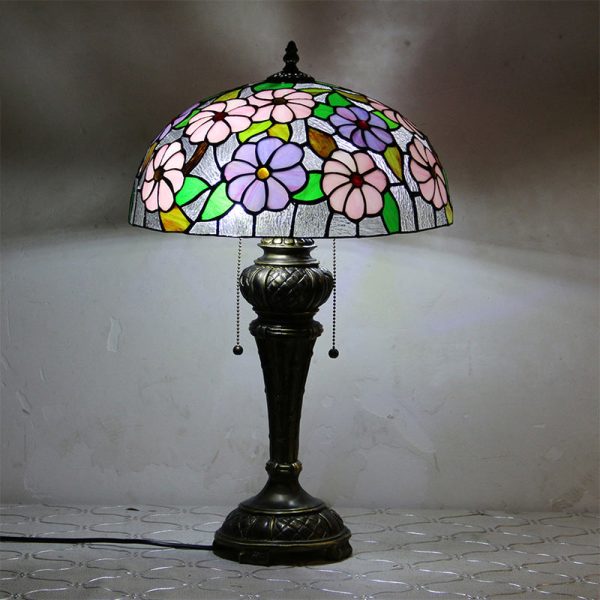 Traditional Tiffany Resin Glass Dome Hemispheric Flower 2-Light Table Lamp For Bedside - Image 3