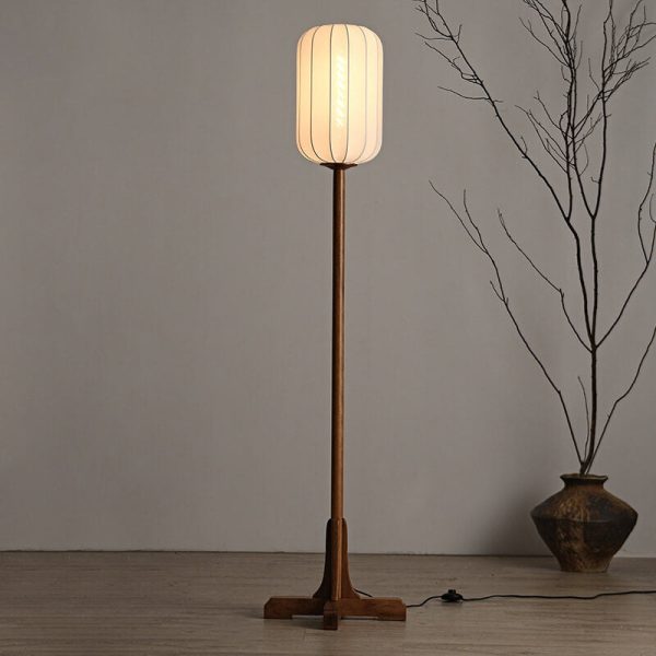 Japanese Zen Rosewood Base Silk Lantern Shade 1-Light Standing Floor Lamp - Image 2