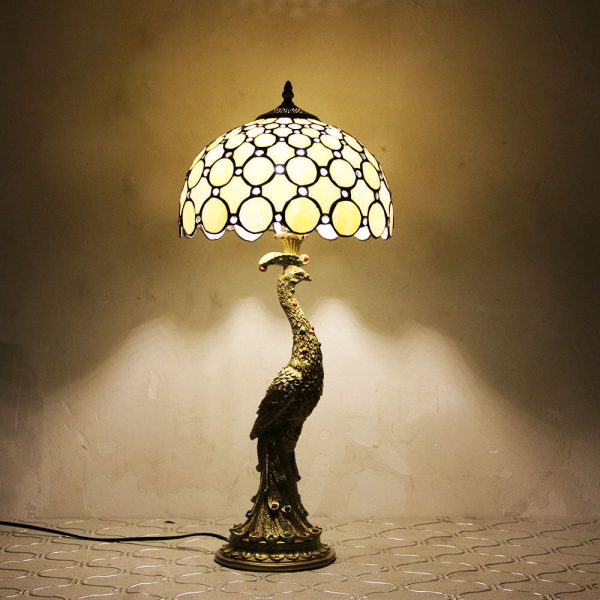 Vintage Tiffany Peacock Gem Dome Glass Resin 1-Light Table Lamp - Image 3