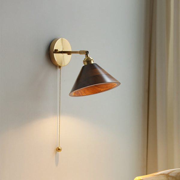 Contemporary Scandinavian Round Cone Dome Copper Wood 1-Light Wall Sconce Lamp For Bedroom - Image 15