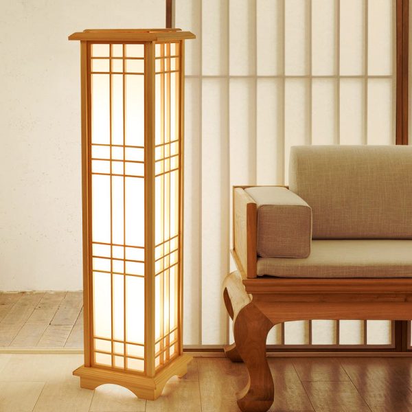 Traditional Japanese Wood Acrylic Pillar Rectangular 1/2/3 Light Standing Floor Lamp For Bedroom - Image 5