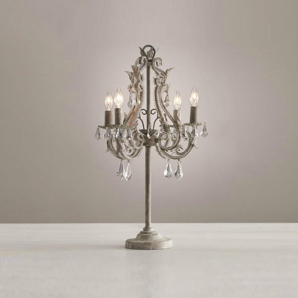 Contemporary Boho Distressed White Hardware Candelabra Design Crystal Bead 4-Light Table Lamp For Bedroom - Image 5