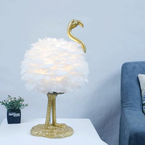 Contemporary Nordic Goose Feather Metal Flamingo Ball 1-Light Table Lamp For Bedside - Image 17
