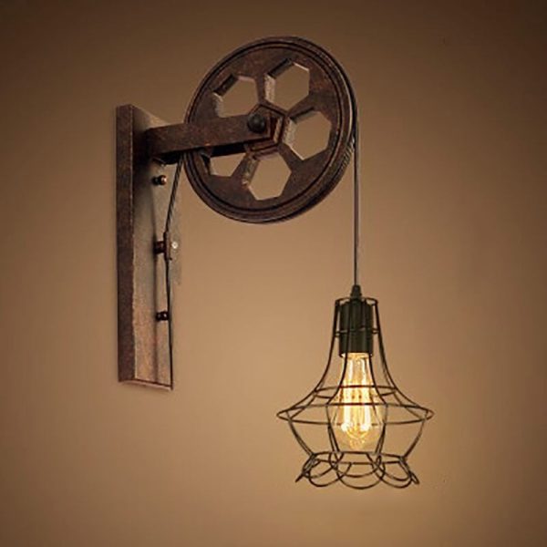 Vintage Industrial Pulley Iron 1-Light Wall Sconce Lamp - Image 19