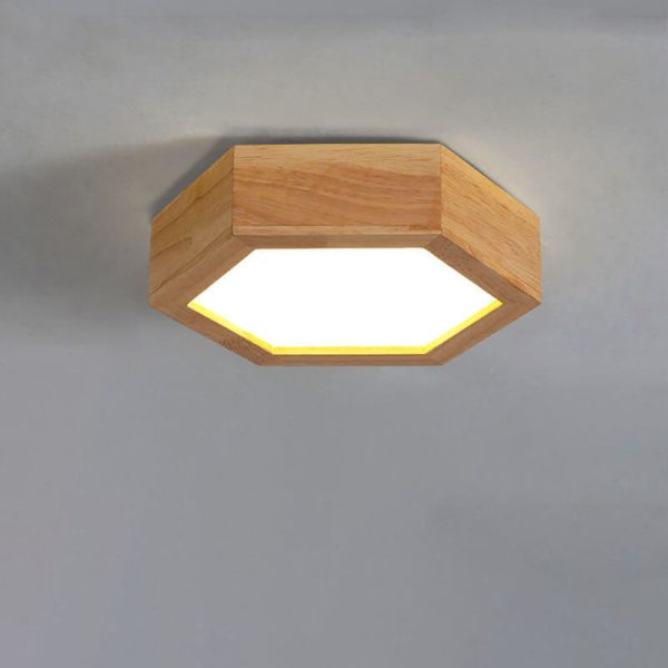 Modern Simple Wooden Hexagonal Geometry LED Flush Mount Ceiling Light - Image 7