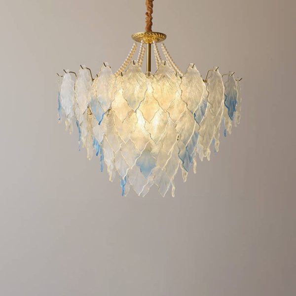 Traditional French Round Tree Leaf Blade Pearl Iron Copper Glass 3/6/9/12 Light Chandelier For Living Room - Image 3