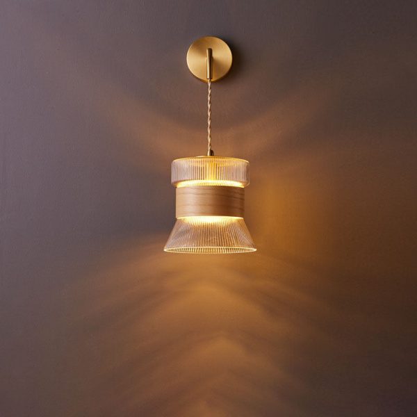 Japanese Walnut Glass  Copper Cylinder 1-Light Wall Sconce Lamp - Image 9