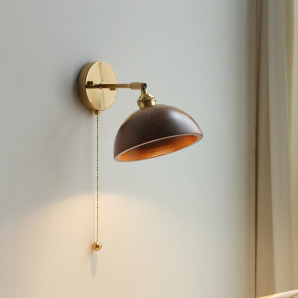Contemporary Scandinavian Round Cone Dome Copper Wood 1-Light Wall Sconce Lamp For Bedroom - Image 16