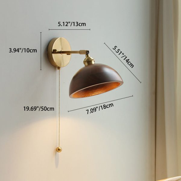 Contemporary Scandinavian Round Cone Dome Copper Wood 1-Light Wall Sconce Lamp For Bedroom - Image 7