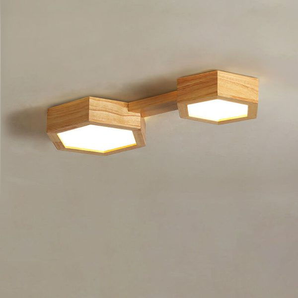 Modern Simple Wooden Hexagonal Geometry LED Flush Mount Ceiling Light - Image 16