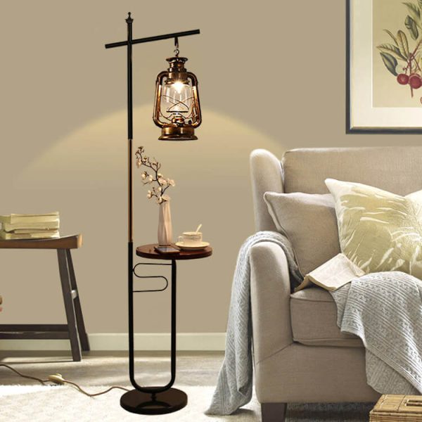 European Vintage Simple Lantern Table Iron Wood Marble 1-Light Standing Floor Lamp - Image 3