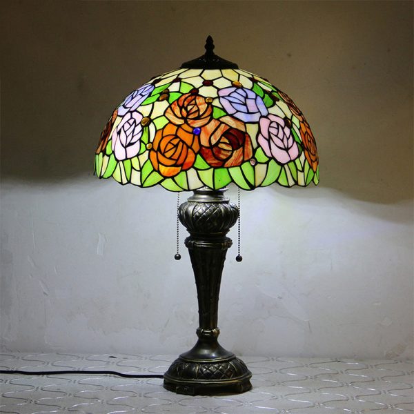Traditional Tiffany Resin Glass Dome Hemispheric Flower 2-Light Table Lamp For Bedside - Image 5