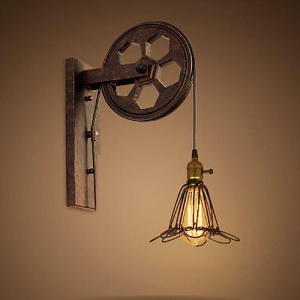 Vintage Industrial Pulley Iron 1-Light Wall Sconce Lamp - Image 25