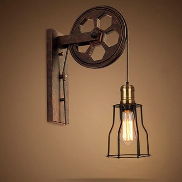 Vintage Industrial Pulley Iron 1-Light Wall Sconce Lamp - Image 27