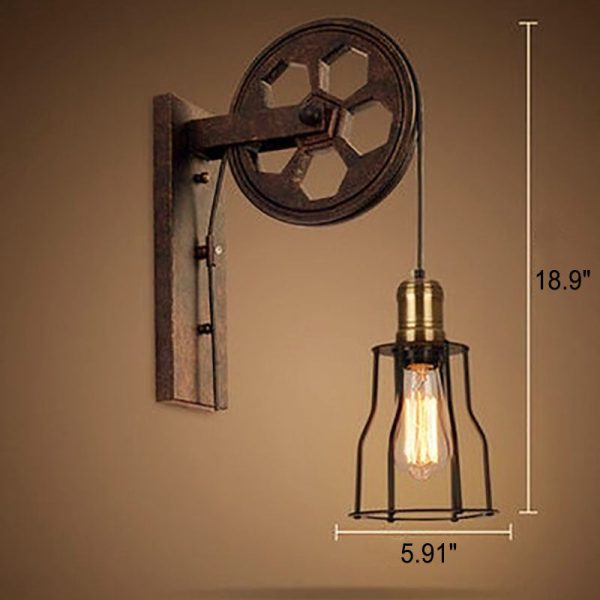 Vintage Industrial Pulley Iron 1-Light Wall Sconce Lamp - Image 28