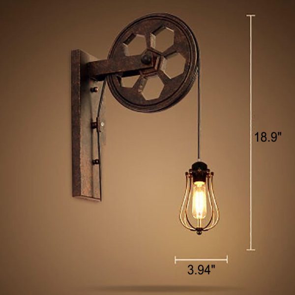 Vintage Industrial Pulley Iron 1-Light Wall Sconce Lamp - Image 5