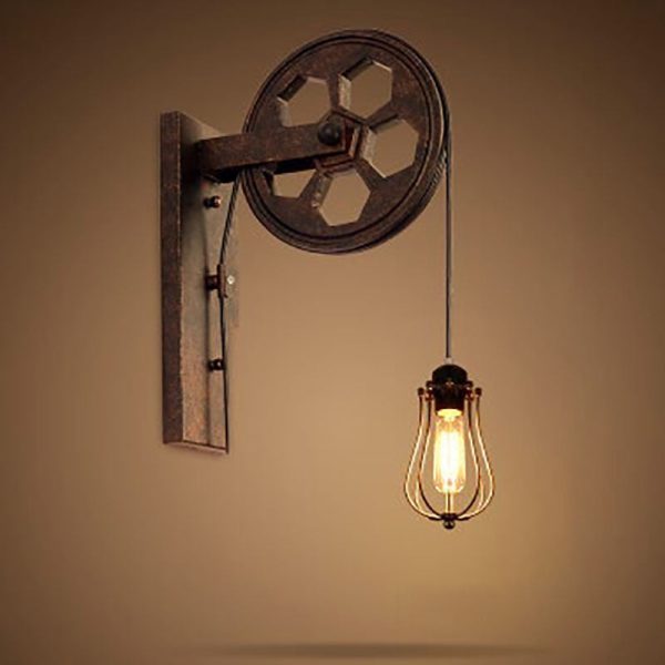 Vintage Industrial Pulley Iron 1-Light Wall Sconce Lamp - Image 4
