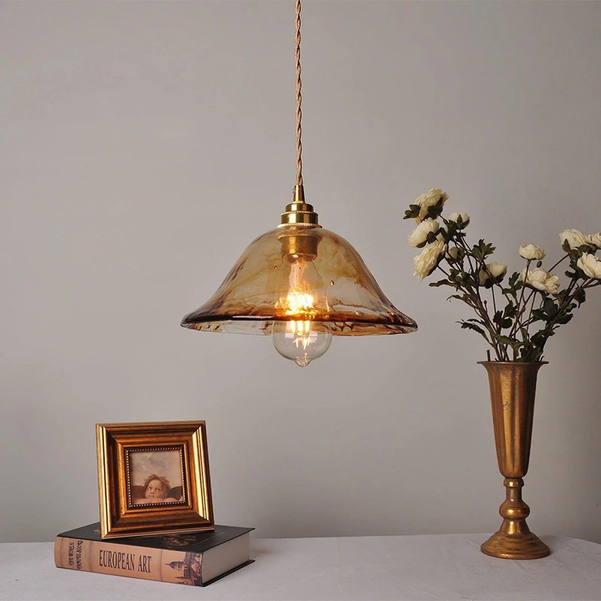 Contemporary Retro Brass Geometric Square Amber Glass Shade 1-Light Pendant Light For Living Room - Image 4