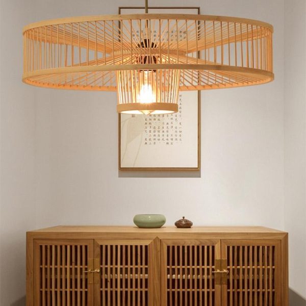 Farmhouse Burlywood Drum Light Pendant Large Framed Bamboo Pendant Lighting - Image 5