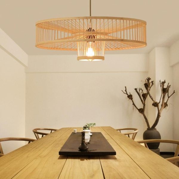 Farmhouse Burlywood Drum Light Pendant Large Framed Bamboo Pendant Lighting - Image 2