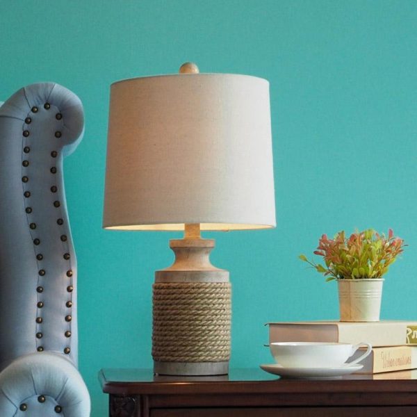 Rustic Oatmeal Fabric Shade Rope Stone Table Lamp - Image 3