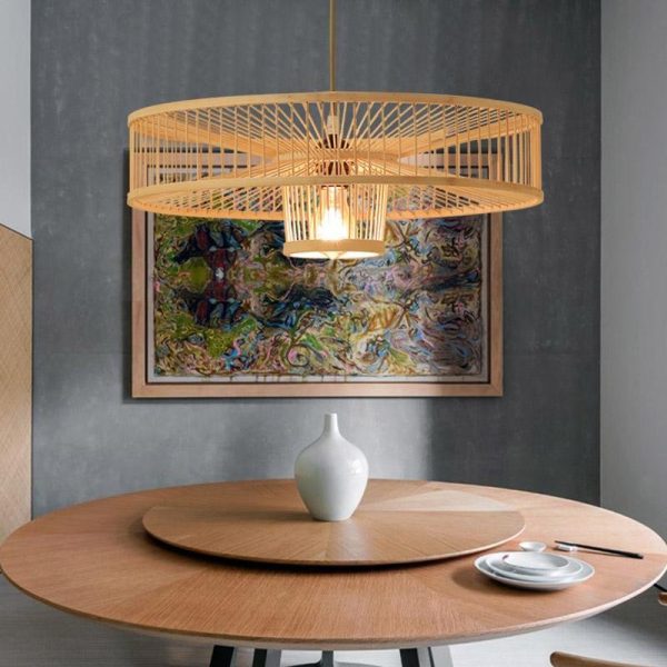 Farmhouse Burlywood Drum Light Pendant Large Framed Bamboo Pendant Lighting - Image 3