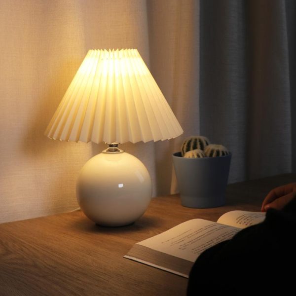 Modern White Globe Ceramic and Pleated Table Lamp - Image 2