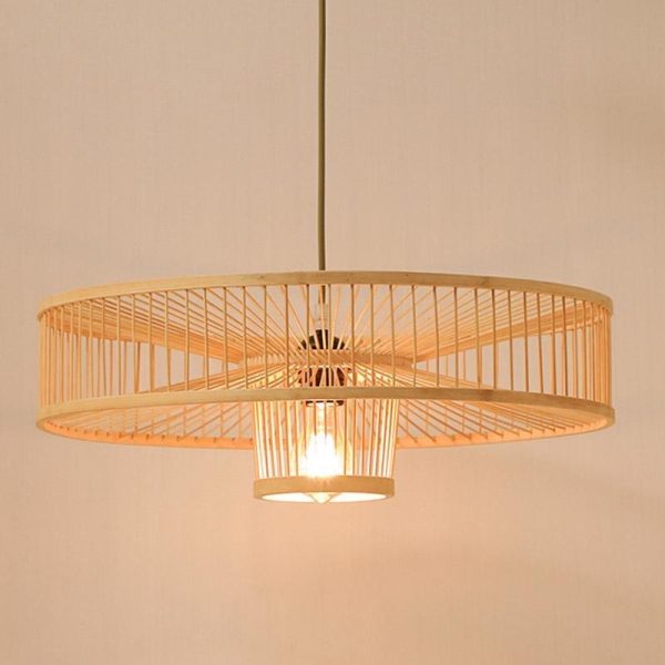 Farmhouse Burlywood Drum Light Pendant Large Framed Bamboo Pendant Lighting - Image 6